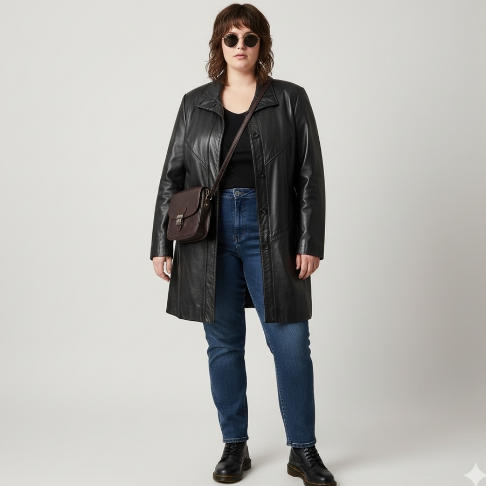 Vintage Black Leather Coat Jacket Midi 90s 1990s Womens Size 1X Loose Oversized